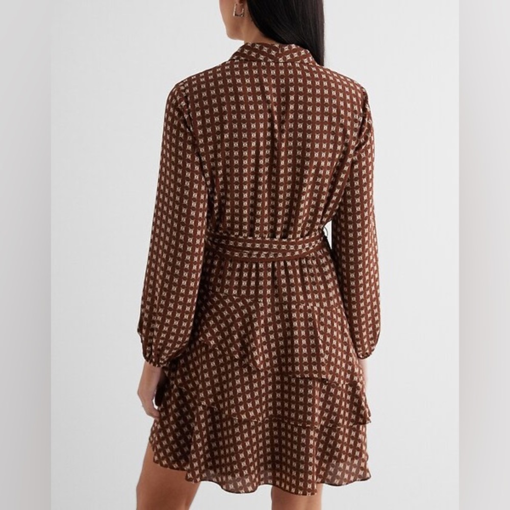 NWT Chocolate Brown Printed Collared Long Sleeve Tie Waist Tiered Mini Dress - Picture 3 of 12